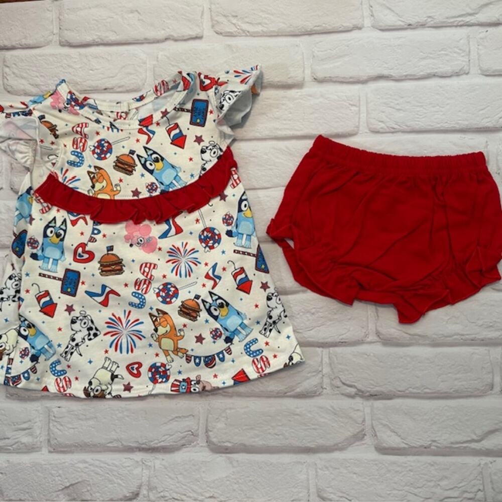 Boutique Abby & Evie 6 Month Baby Girls Red White Blue 4th of July Outfit Bluey
